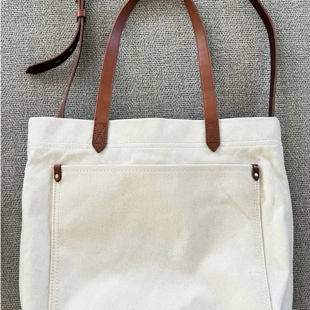 Madewell Cream and Brown Tote Bag with Leather Handles